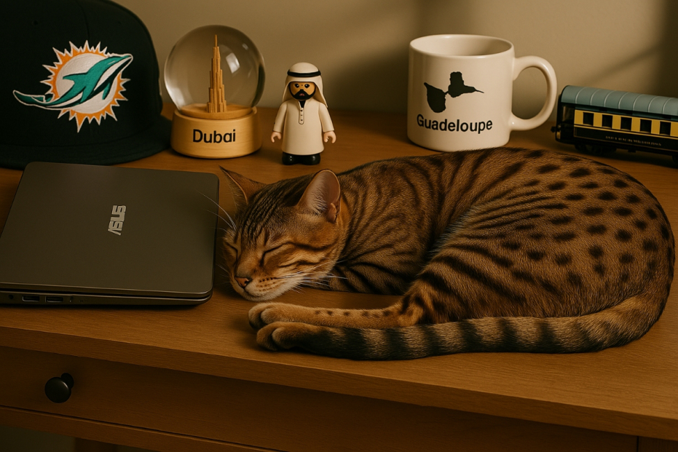 Chat Bengal endormi à côté d'un laptop Asus près de souvenir rapporté par Denis des quatre coins du monde où il a vécu